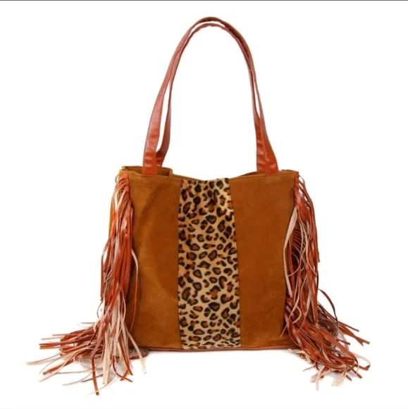 NWOT Leopard Fringe Faux Suede Shoulder Hobo Handbag - Picture 2 of 7